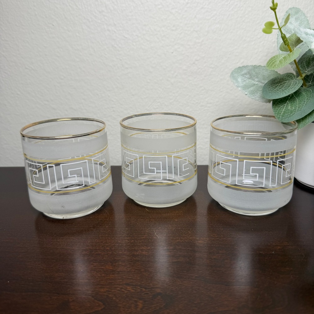 Vintage Frosted Greek Key Rocks Glasses Gold Rim MCM Lowball Set of 3 White Gold